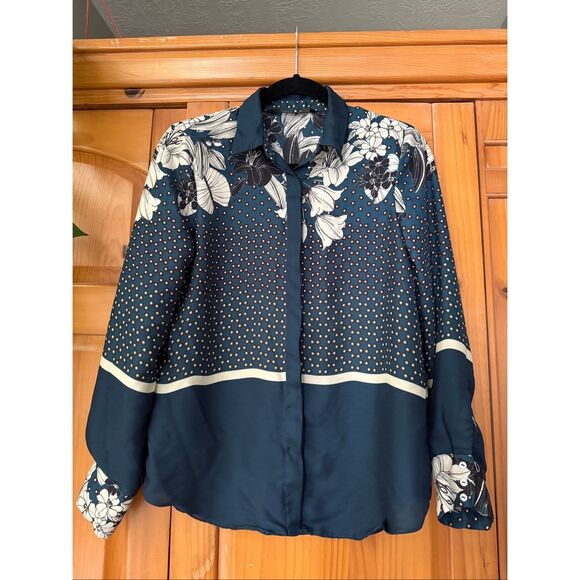 Zara Basic Collection Navy Floral & Polka Dot Button-Up Blouse Size Small - Picture 6 of 12